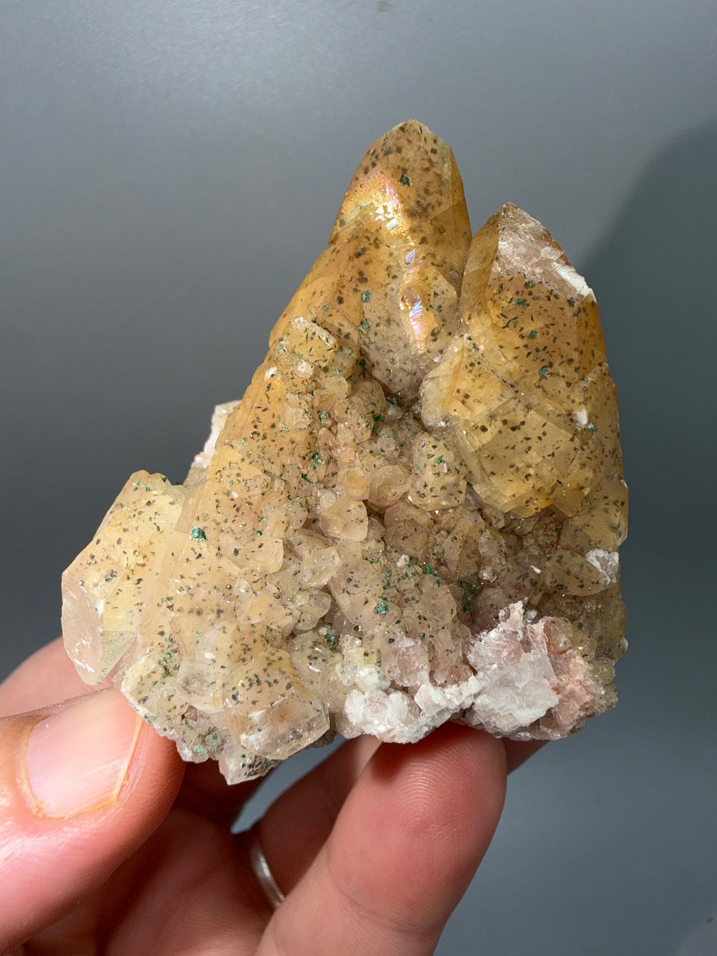 Pastel iridescent calcite + malachite
