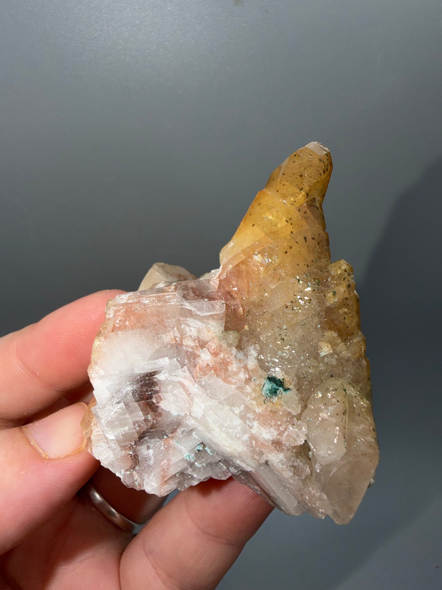 Pastel iridescent calcite + malachite