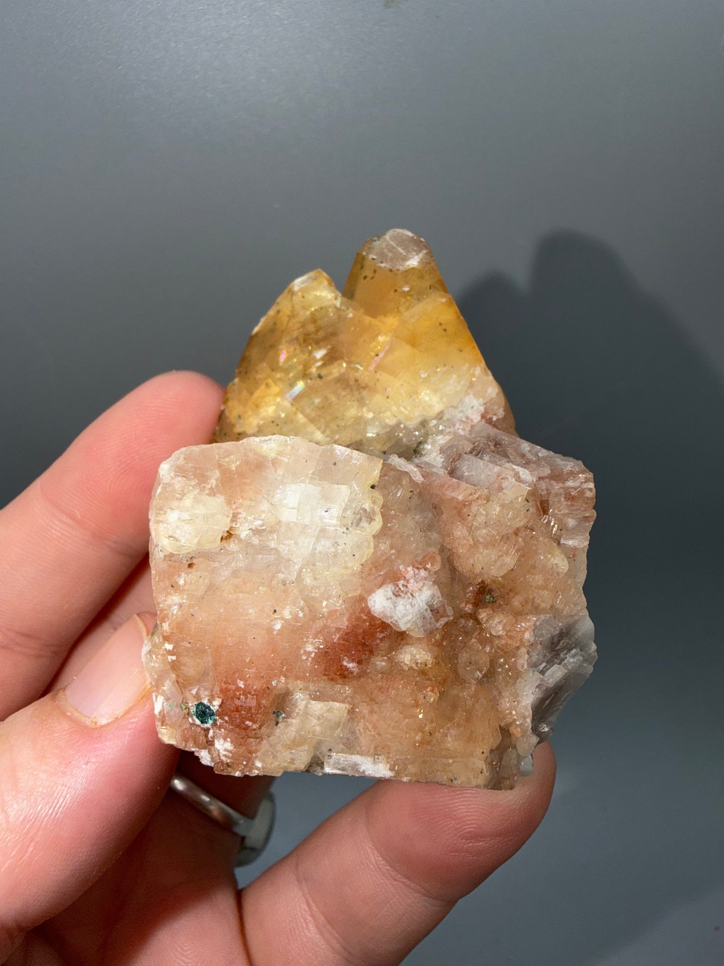 Pastel iridescent calcite + malachite