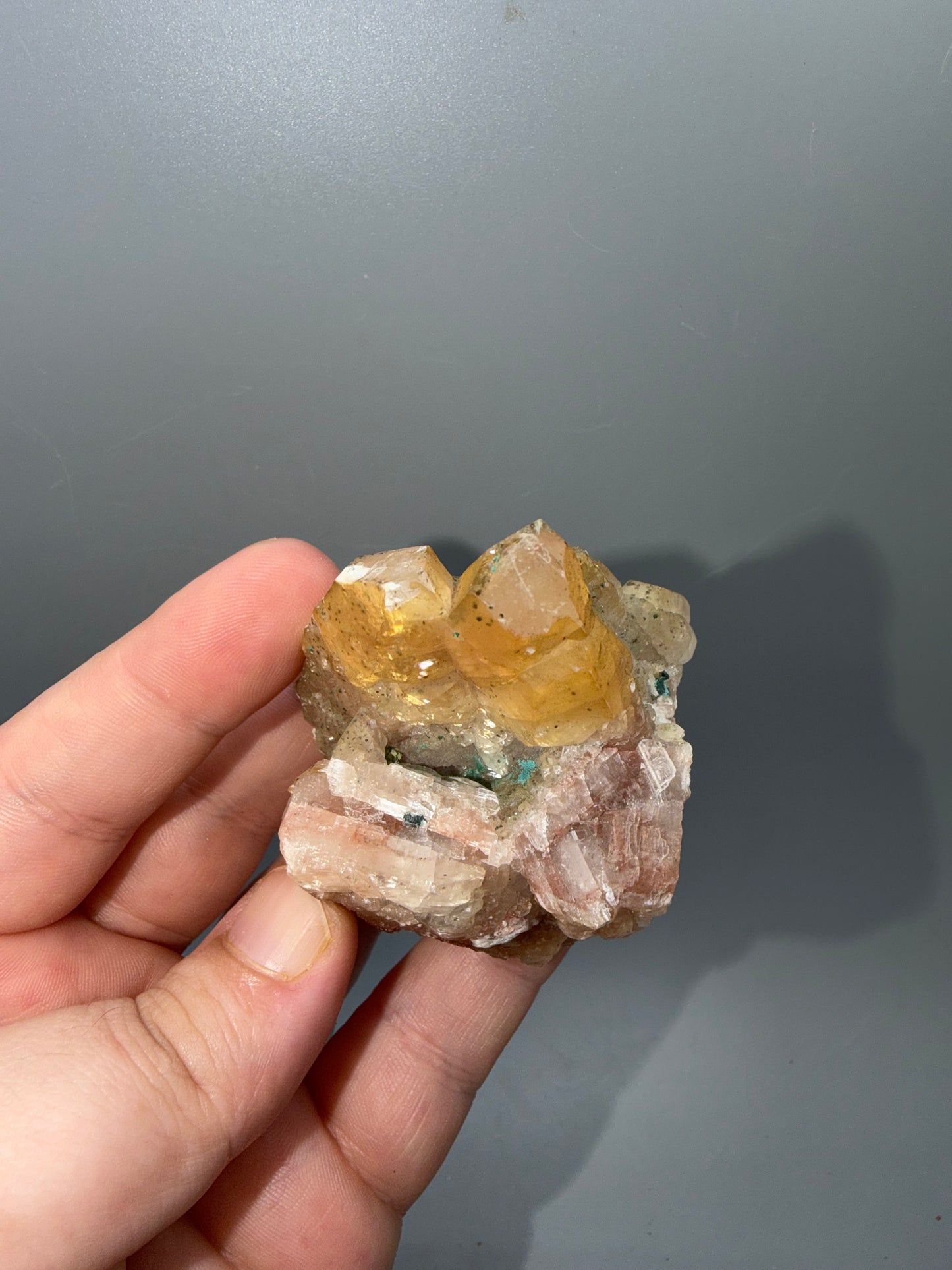 Pastel iridescent calcite + malachite
