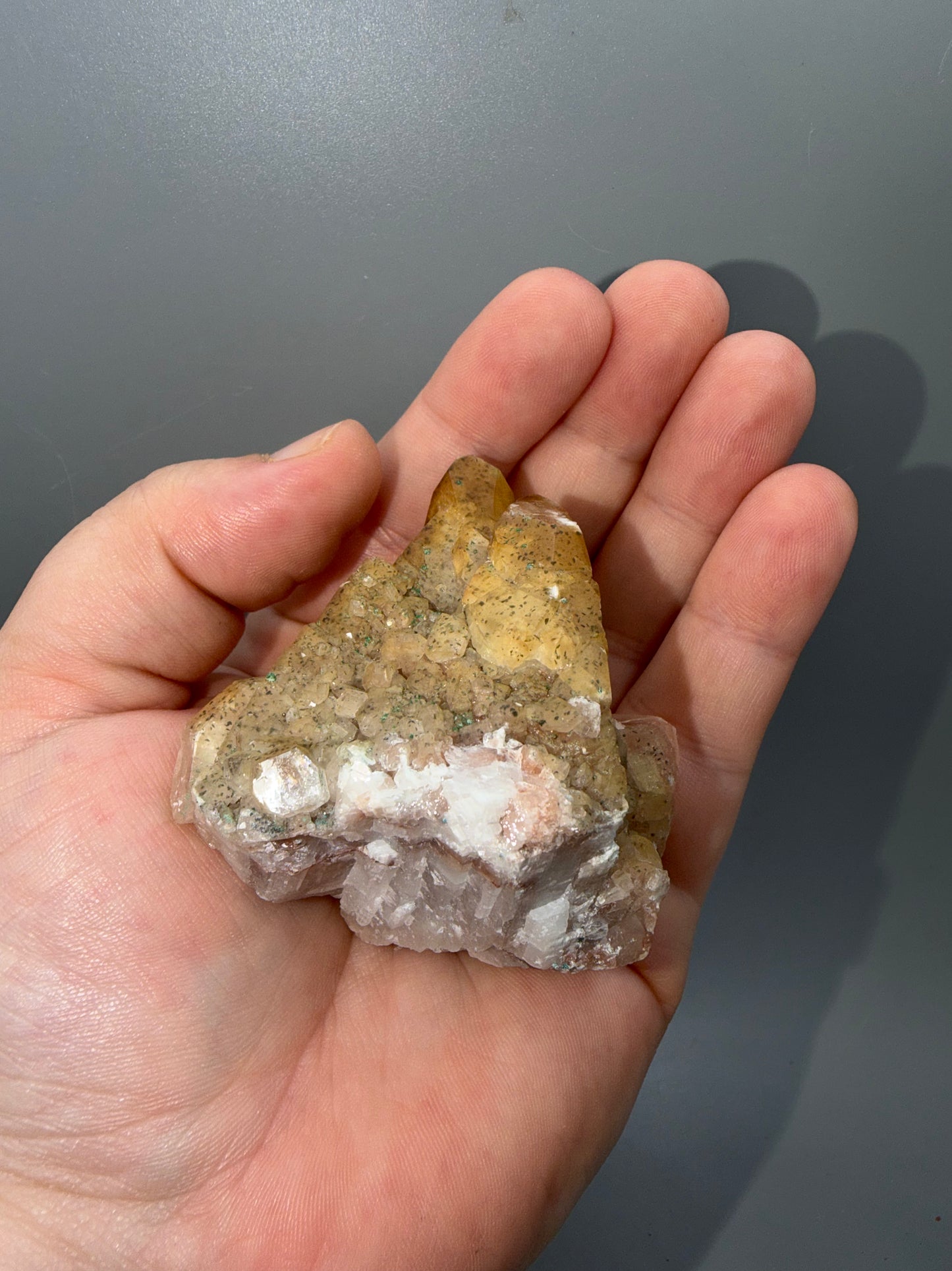 Pastel iridescent calcite + malachite
